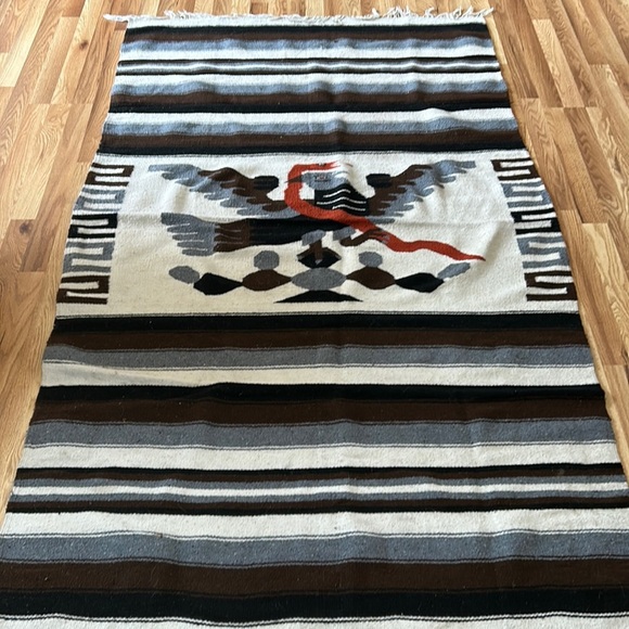 Vintage Mexican wool rug blanket eagle snake brown black stripe fringe boho82x47 - Picture 1 of 16